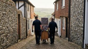 Movers carrying a bookcase down a steep alley between flint walls