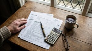 Papers, a pen and a calculator on a dining table while a quote is reviewed